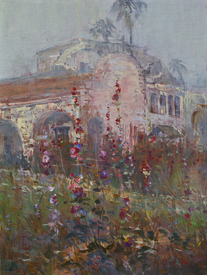 A plein air painting of the San Juan Capistrano Mission on a misty morning in June